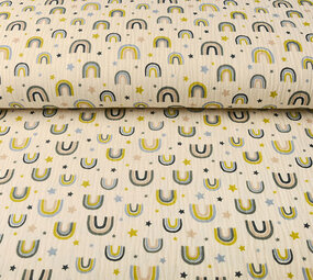 Oeko-Tex®  Hydrofiel Stof Regenbogen en Sterren Naturel Oeko-Tex®  Hydrofiel Stof Regenbogen en Sterren Naturel