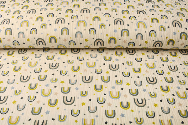 Oeko-Tex®  Hydrofiel Stof Regenbogen en Sterren Naturel