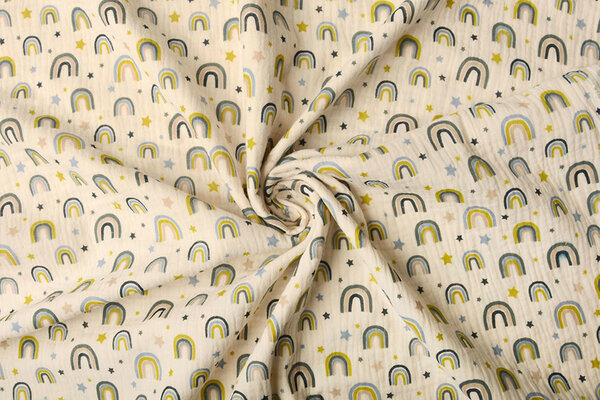 Oeko-Tex®  Hydrofiel Stof Regenbogen en Sterren Naturel