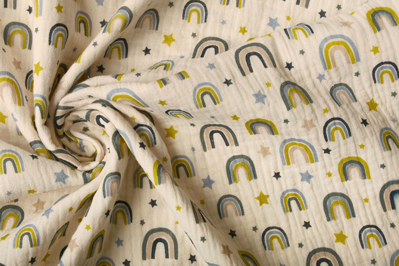 Oeko-Tex®  Hydrofiel Stof Regenbogen en Sterren Naturel