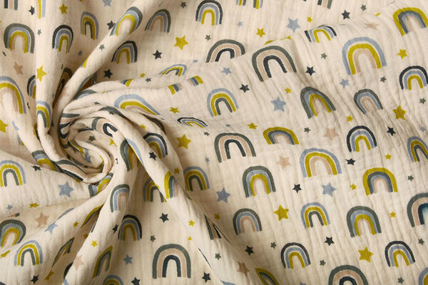 Oeko-Tex®  Baumwoll Musselin Stoff Regenbogen und Sterne Natürlich