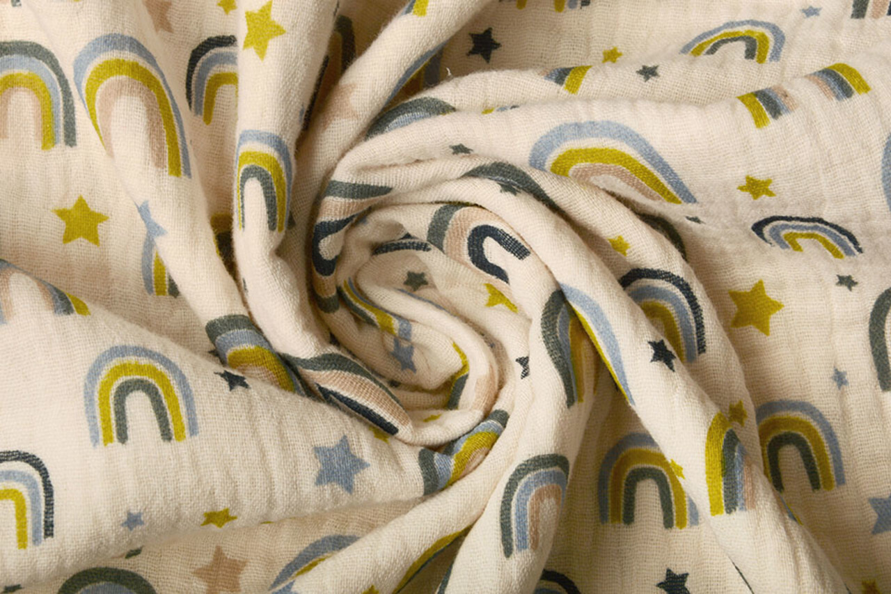 Oeko-Tex®  Double Gauze Fabric Rainbows and Stars Natural
