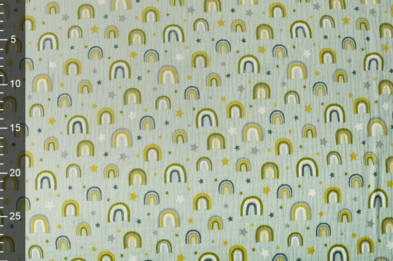 Oeko-Tex®  Double Gauze Fabric Rainbows and Stars Light Old Green Oeko-Tex®  Double Gauze Fabric Rainbows and Stars Light Old Green