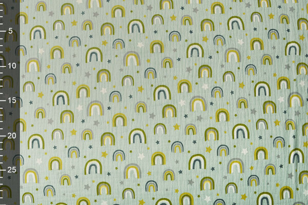 Oeko-Tex®  Double Gauze Fabric Rainbows and Stars Light Old Green Oeko-Tex®  Double Gauze Fabric Rainbows and Stars Light Old Green