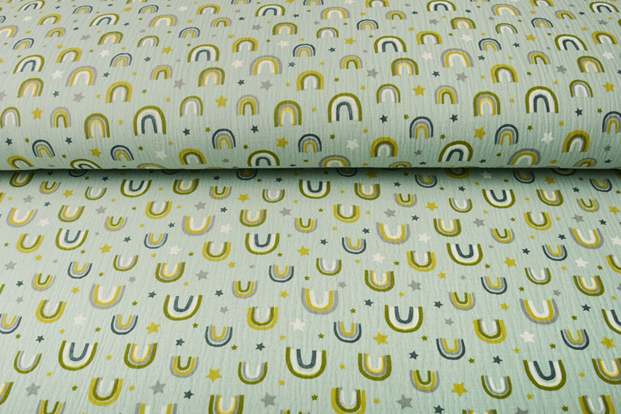 Oeko-Tex® Tela de Muselina Regenbogen y Estrellas Claro Verde Antiguo Oeko-Tex® Tela de Muselina Regenbogen y Estrellas Claro Verde Antiguo