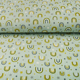 Oeko-Tex®  Baumwoll Musselin Stoff Regenbogen und Sterne Hell Altgrün