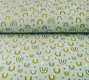 Oeko-Tex®  Hydrofiel Stof Regenbogen en Sterren Licht Oud Groen Oeko-Tex®  Hydrofiel Stof Regenbogen en Sterren Licht Oud Groen