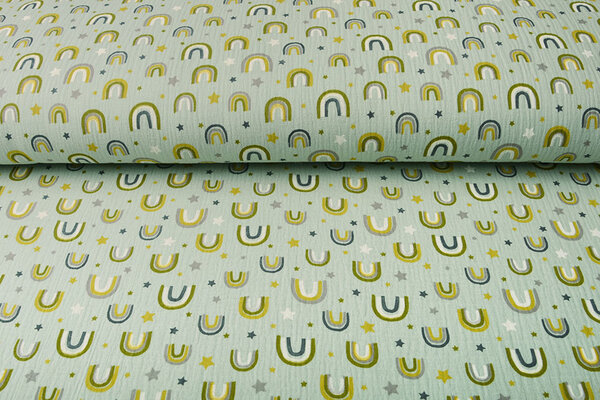 Oeko-Tex®  Hydrofiel Stof Regenbogen en Sterren Licht Oud Groen