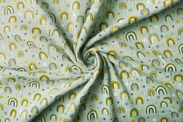 Oeko-Tex®  Hydrofiel Stof Regenbogen en Sterren Licht Oud Groen