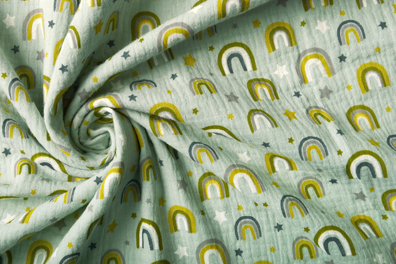 Oeko-Tex®  Baumwoll Musselin Stoff Regenbogen und Sterne Hell Altgrün