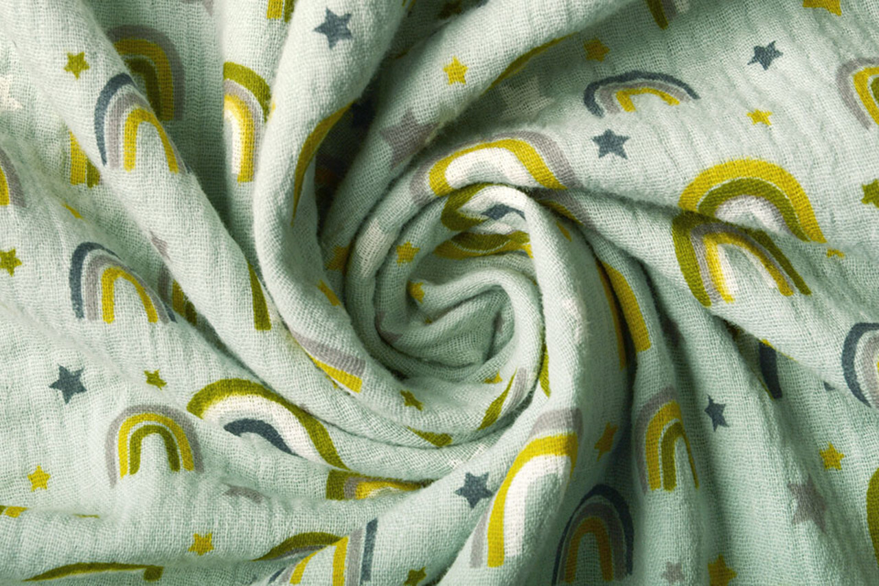 Oeko-Tex®  Baumwoll Musselin Stoff Regenbogen und Sterne Hell Altgrün