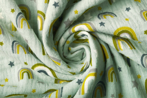 Oeko-Tex®  Hydrofiel Stof Regenbogen en Sterren Licht Oud Groen