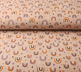 Oeko-Tex®  Baumwoll Musselin Stoff Regenbogen und Sterne Puderrosa Oeko-Tex®  Baumwoll Musselin Stoff Regenbogen und Sterne Puderrosa