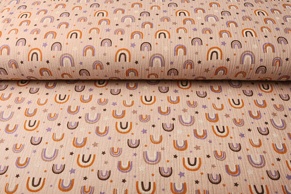 Oeko-Tex®  Baumwoll Musselin Stoff Regenbogen und Sterne Puderrosa Oeko-Tex®  Baumwoll Musselin Stoff Regenbogen und Sterne Puderrosa