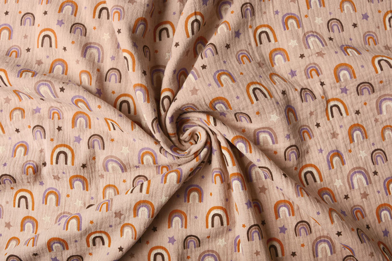 Oeko-Tex®  Double Gauze Fabric Rainbows and Stars Powder Pink