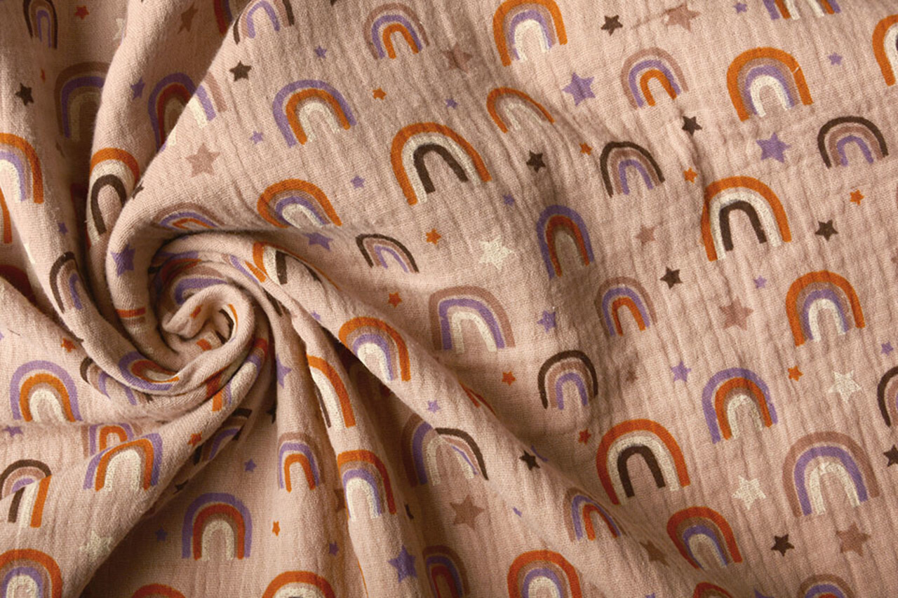 Oeko-Tex®  Double Gauze Fabric Rainbows and Stars Powder Pink
