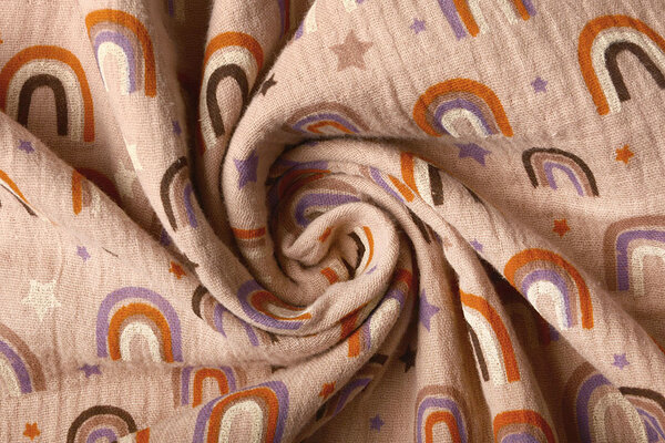 Oeko-Tex®  Baumwoll Musselin Stoff Regenbogen und Sterne Puderrosa Oeko-Tex®  Baumwoll Musselin Stoff Regenbogen und Sterne Puderrosa