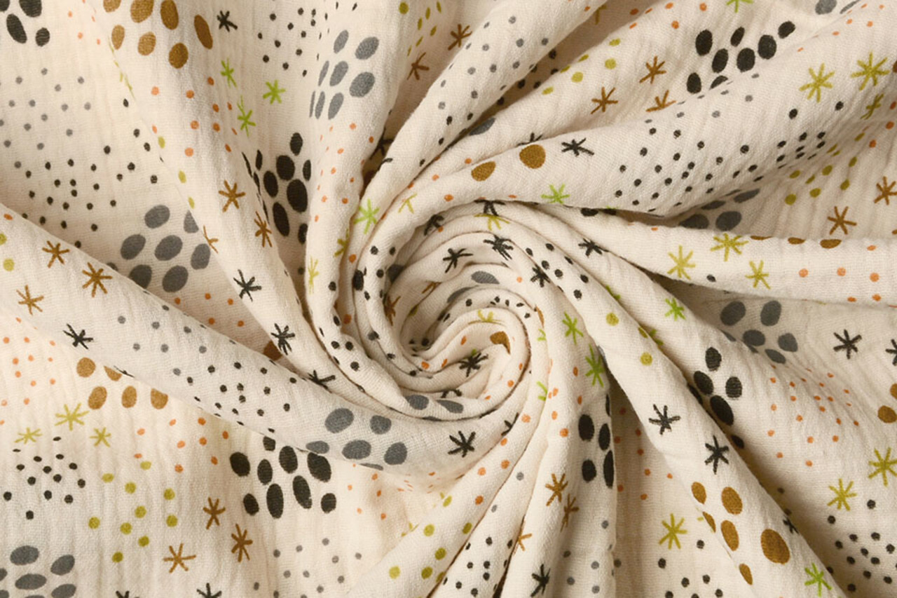 Oeko-Tex®  Coton Double Gaze Tissu Pois en Étoiles Naturel