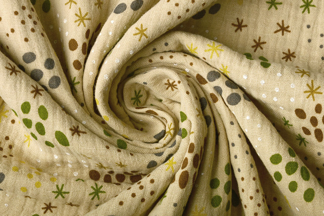 Oeko-Tex® Coton Double Gaze Tissu Pois en Étoiles Sable Oeko-Tex® Coton Double Gaze Tissu Pois en Étoiles Sable