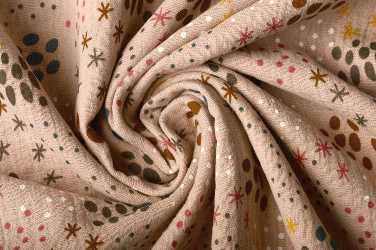 Oeko-Tex® Tessuto di Mussola Pois e Stelle Rosa Cipria Oeko-Tex® Tessuto di Mussola Pois e Stelle Rosa Cipria
