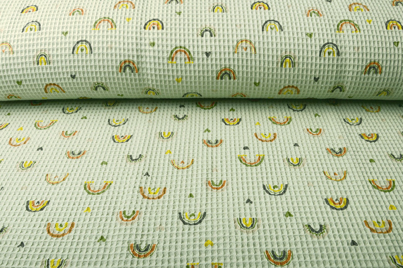 Oeko-Tex®  Wafel Regenboog met Hartjes Oud Mint Groen Oeko-Tex®  Wafel Regenboog met Hartjes Oud Mint Groen