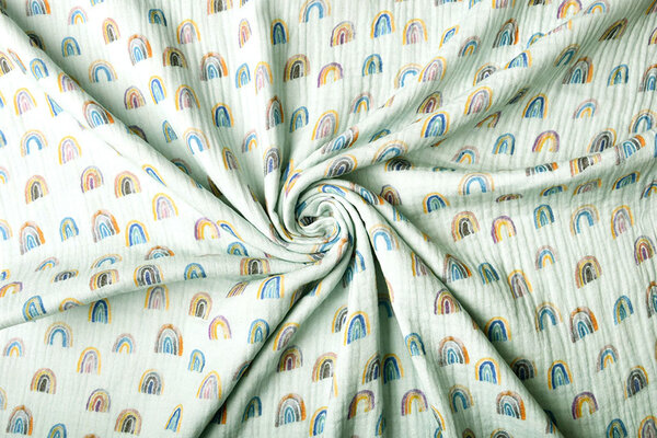 Oeko-Tex®  Baumwoll Musselin Stoff Regenbogen Hell Blau-Grün