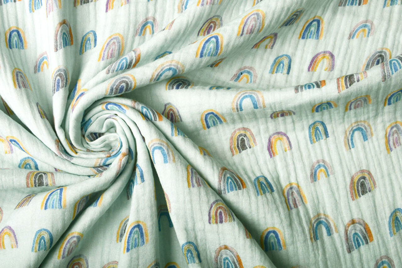 Oeko-Tex® Tessuto di Mussola Arcobaleno Azzurro Chiaro-Verde Oeko-Tex® Tessuto di Mussola Arcobaleno Azzurro Chiaro-Verde