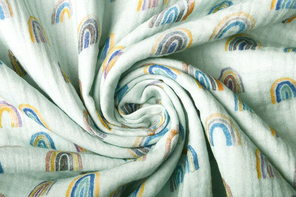 Oeko-Tex®  Baumwoll Musselin Stoff Regenbogen Hell Blau-Grün
