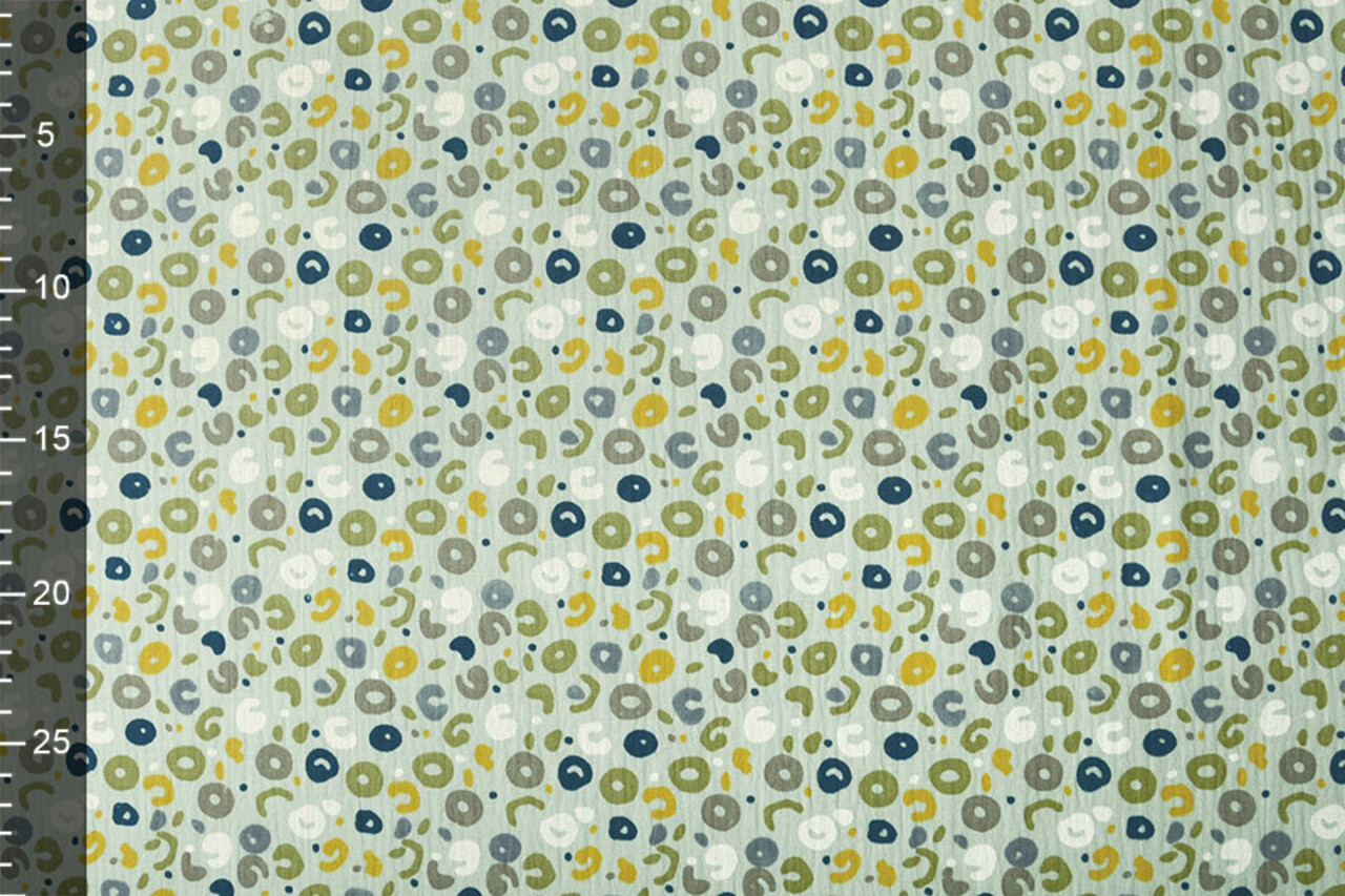 Oeko-Tex® Tessuto di Mussola Leopardo Verde Antico Chiaro Oeko-Tex® Tessuto di Mussola Leopardo Verde Antico Chiaro