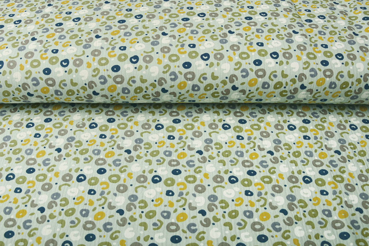 Oeko-Tex® Tessuto di Mussola Leopardo Verde Antico Chiaro Oeko-Tex® Tessuto di Mussola Leopardo Verde Antico Chiaro
