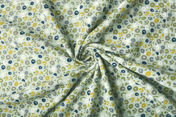 Oeko-Tex® Tessuto di Mussola Leopardo Verde Antico Chiaro Oeko-Tex® Tessuto di Mussola Leopardo Verde Antico Chiaro