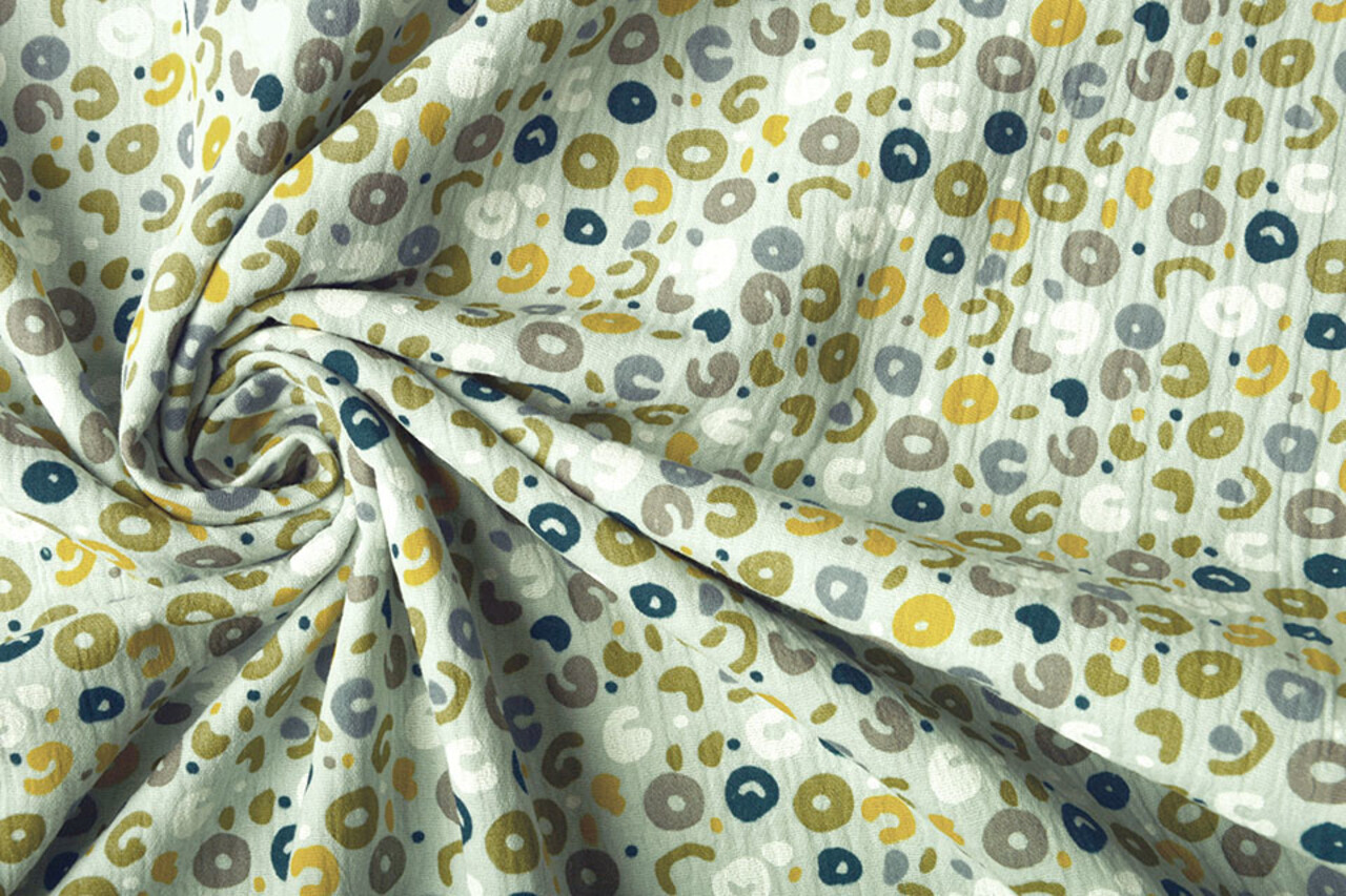 Oeko-Tex® Tessuto di Mussola Leopardo Verde Antico Chiaro Oeko-Tex® Tessuto di Mussola Leopardo Verde Antico Chiaro