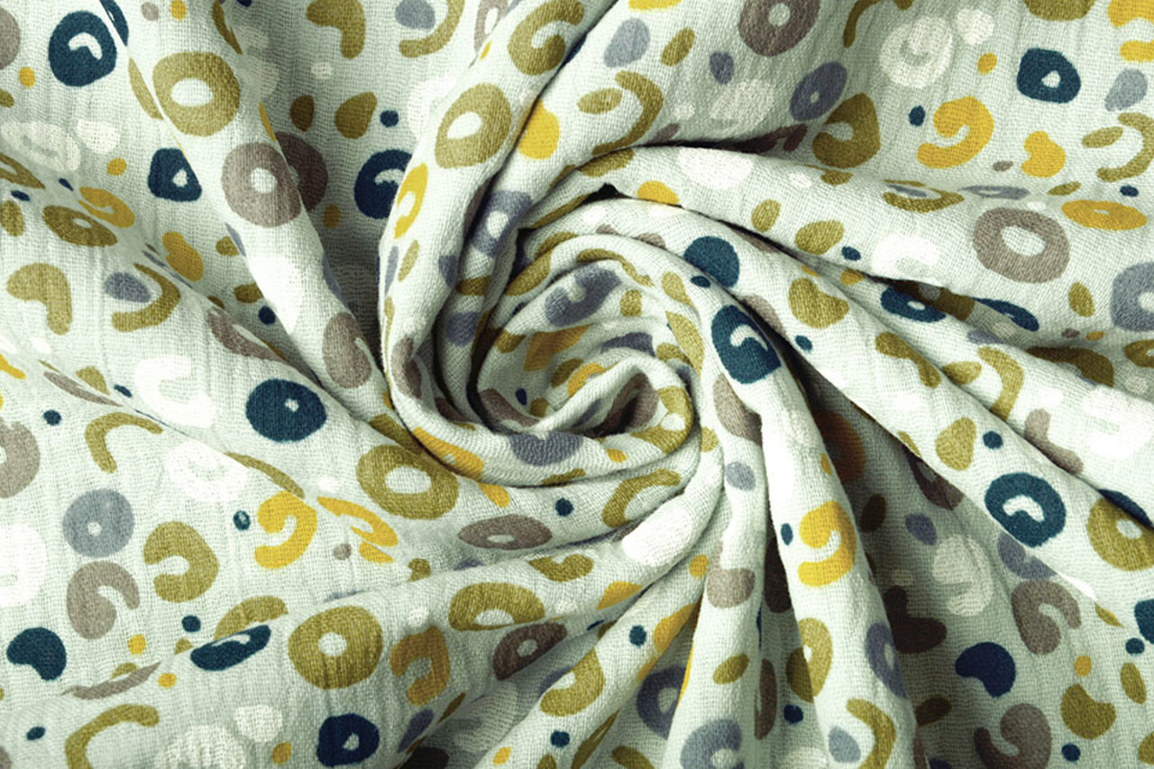 Oeko-Tex® Tessuto di Mussola Leopardo Verde Antico Chiaro Oeko-Tex® Tessuto di Mussola Leopardo Verde Antico Chiaro