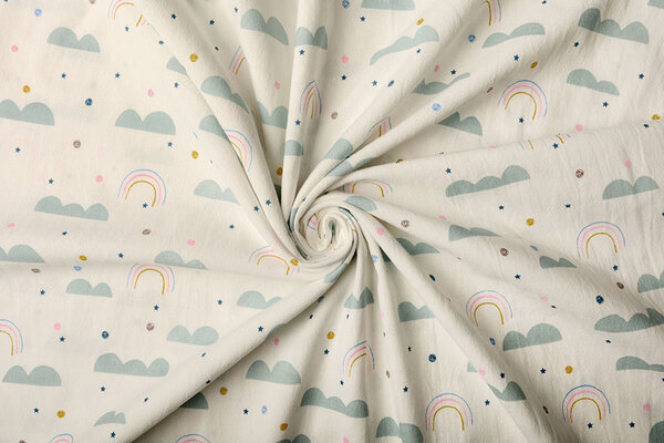 Oeko-Tex®  100% Washed Cotton Rainbow Clouds Creme Oeko-Tex®  100% Washed Cotton Rainbow Clouds Creme
