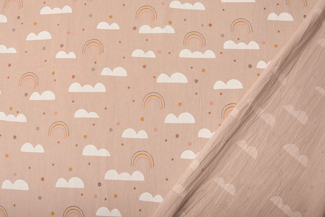 Oeko-Tex®  100% Gewassen Katoen Regenboog Wolkjes Poeder Roze Oeko-Tex®  100% Gewassen Katoen Regenboog Wolkjes Poeder Roze