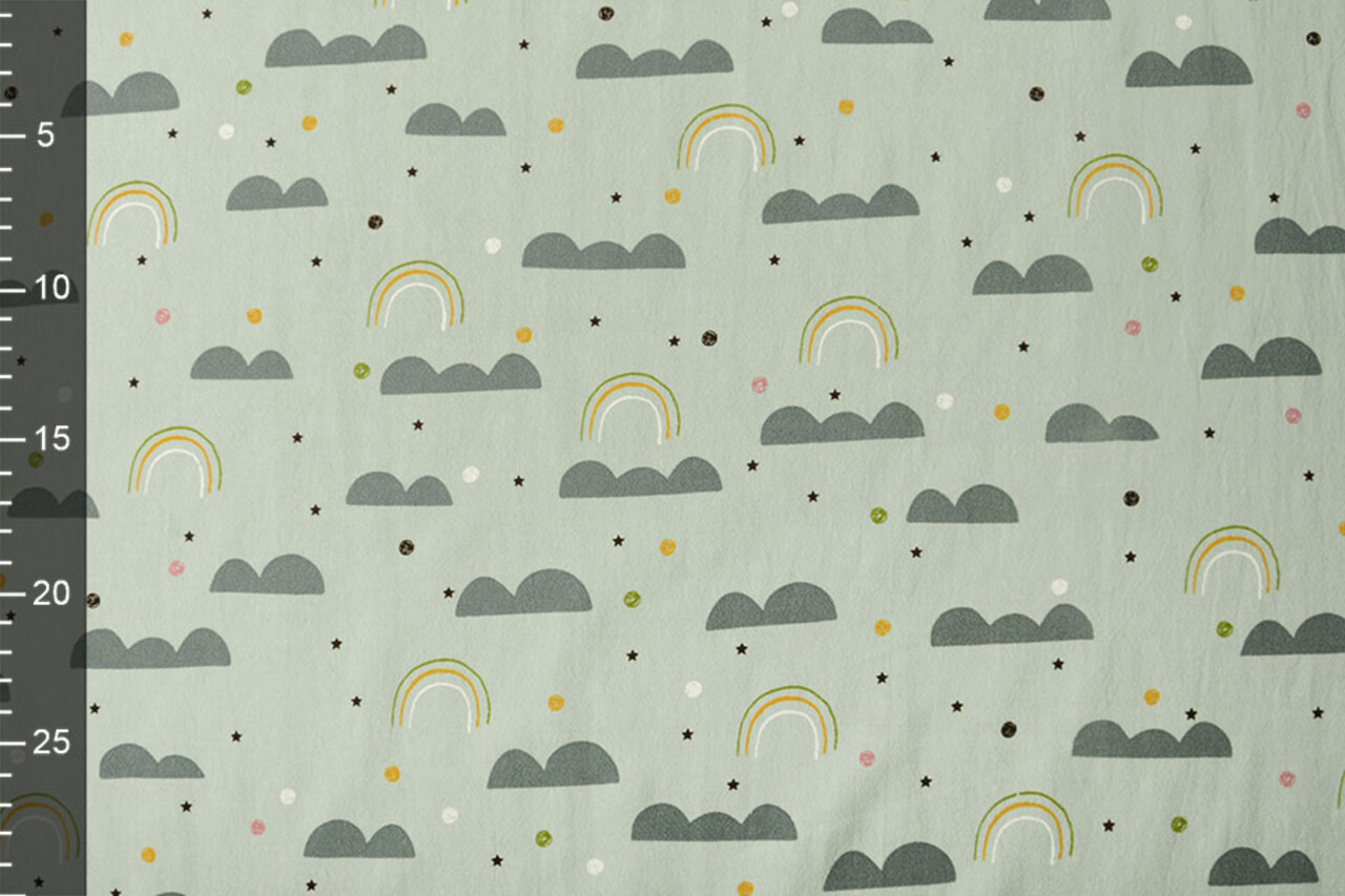Oeko-Tex®  100% Gewassen Katoen Regenboog Wolkjes Licht Oud Groen