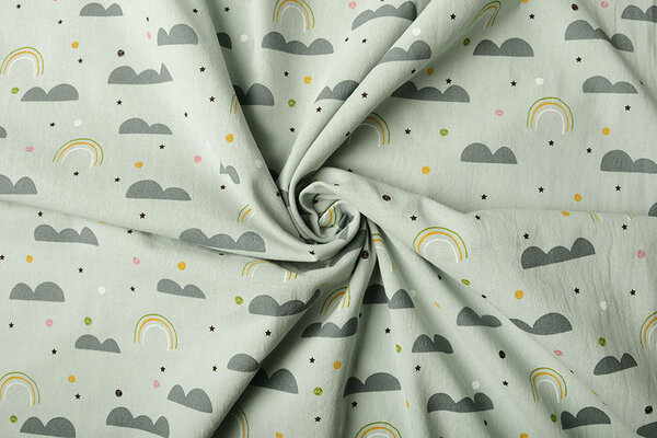Oeko-Tex®  100% Gewassen Katoen Regenboog Wolkjes Licht Oud Groen