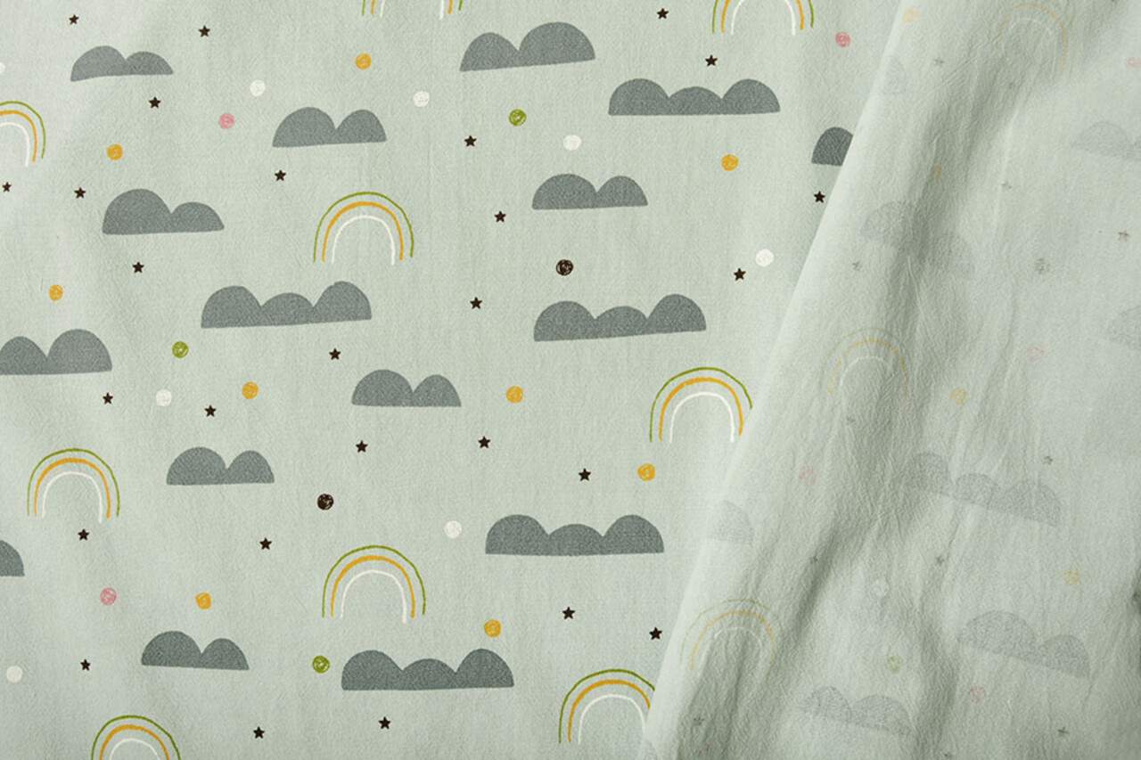 Oeko-Tex®  100% Gewassen Katoen Regenboog Wolkjes Licht Oud Groen