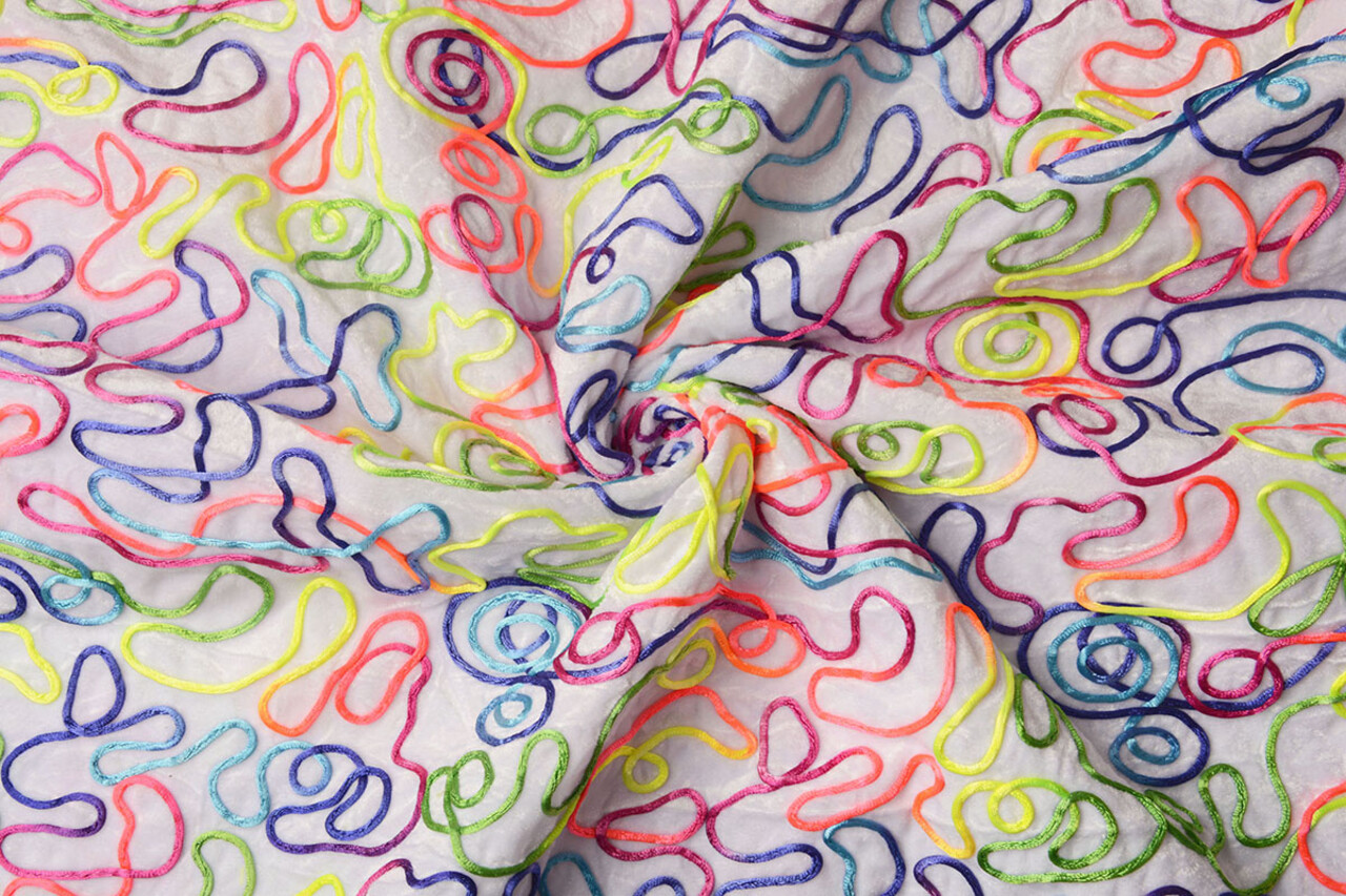 Samtstoff Weiß mit Mehrfarbiger Kabel