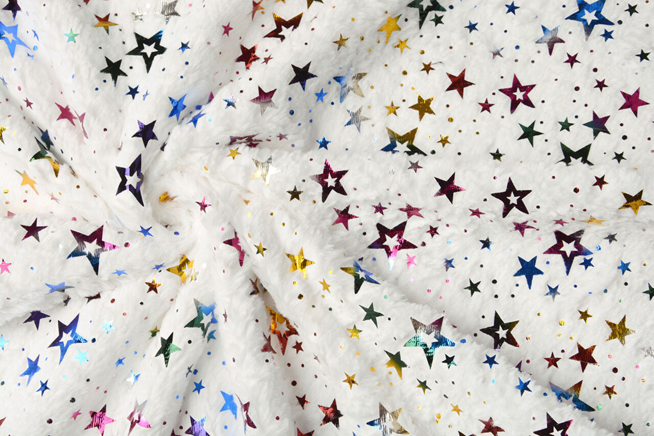 Fausse Fourrure Blanc Multicolore Film Métallisé Étoiles Fausse Fourrure Blanc Multicolore Film Métallisé Étoiles