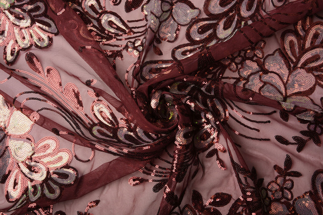 Sequins on Mesh Jamella Bordeaux