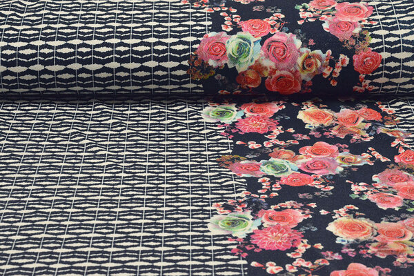 Scuba Crepe Printed Flores Navy Blue