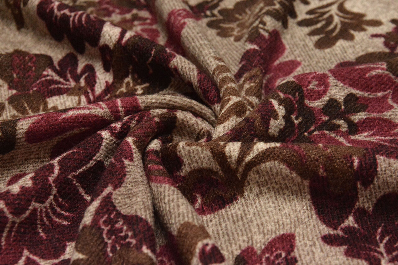 Winter Jersey Kwiaty Brown Wine Red