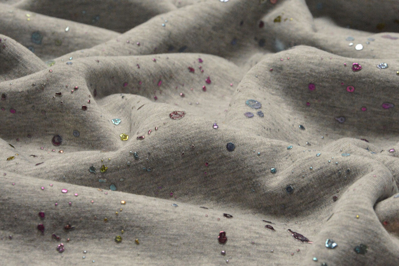 Sweatstoff Alpenfleece Paint Drops Foil Grau Melange
