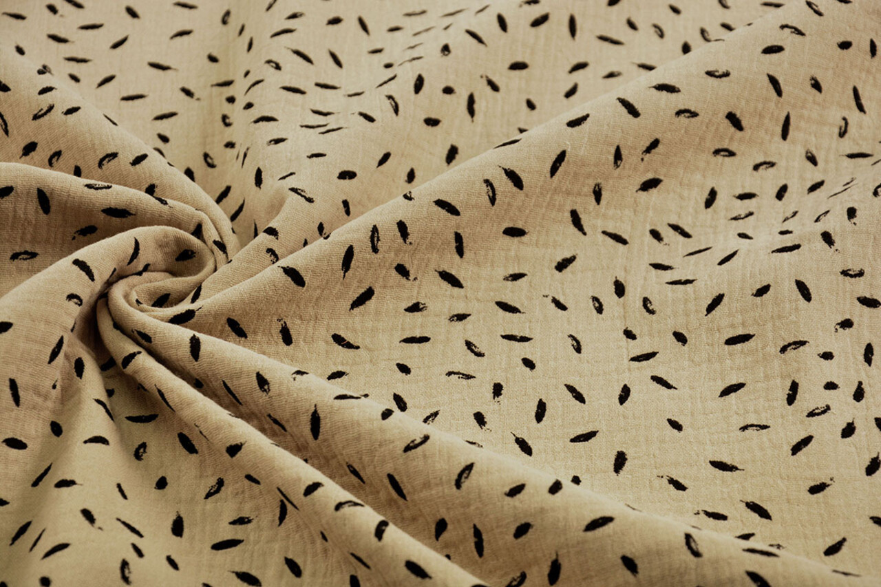 Oeko-Tex®  Baumwoll Musselin Stoff  Kleine Federn  Sand Oeko-Tex®  Baumwoll Musselin Stoff  Kleine Federn  Sand