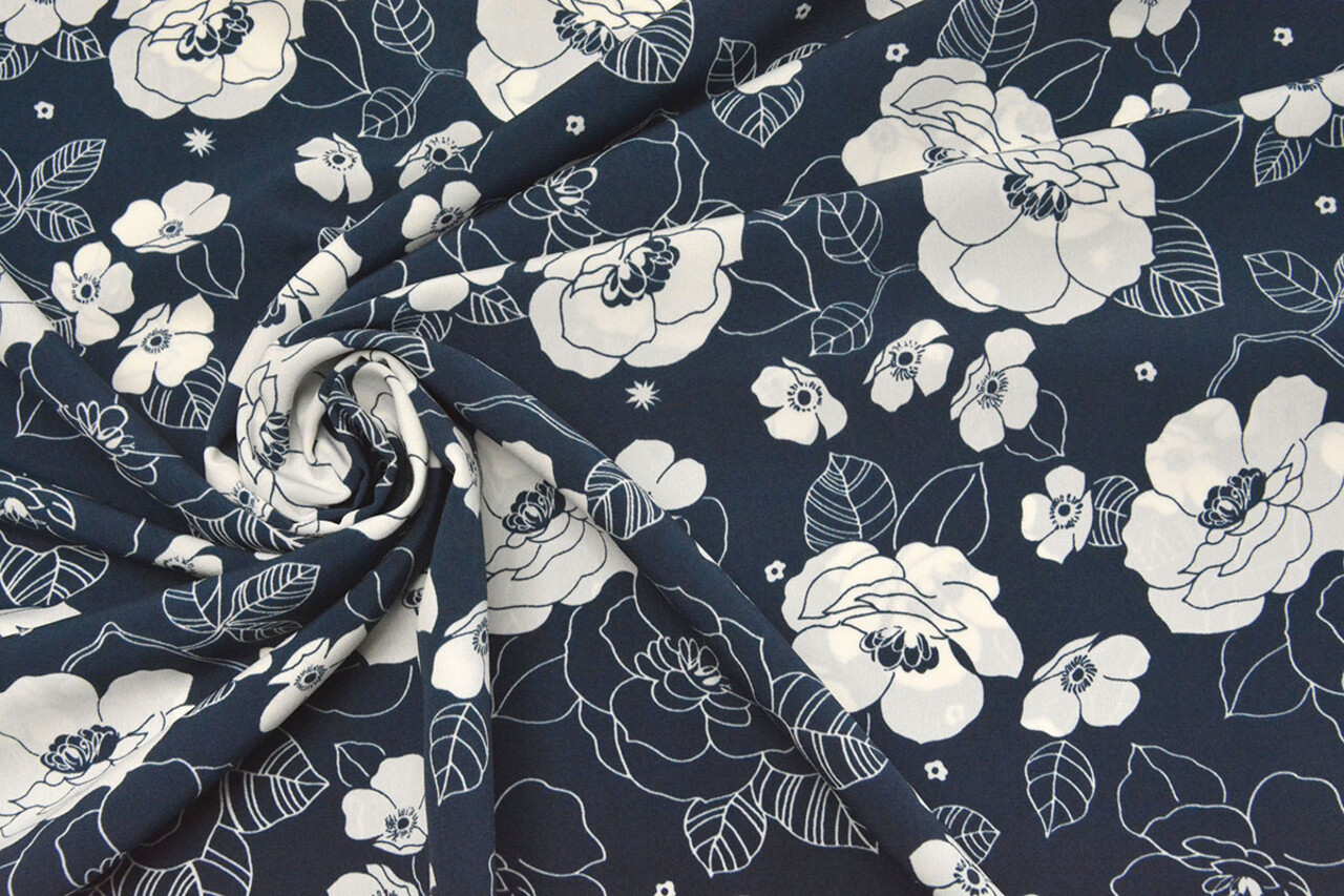 Cupro Stof Bedrukt Tyambo Marine Blauw