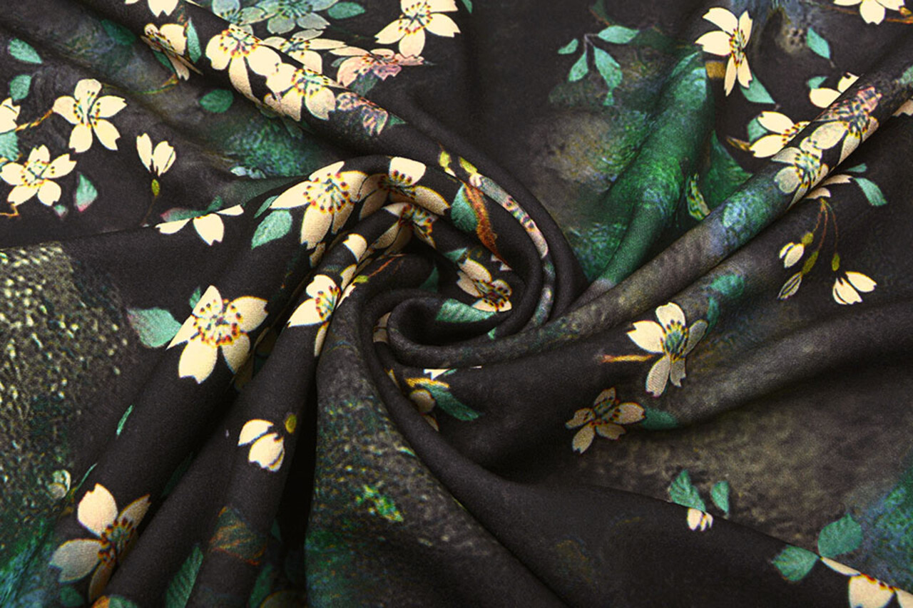 Scuba Crepe Printed Flower Bunch Black