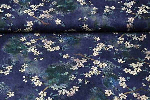 Scuba Crepe Bedrukt Bloemenbos Blauw