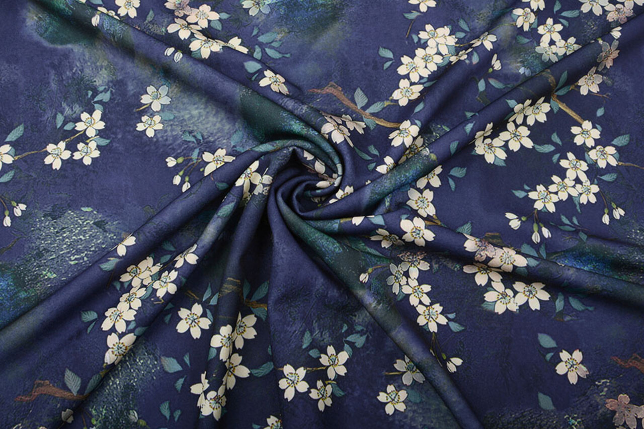 Scuba Crepe Printed Flower Bunch Blue