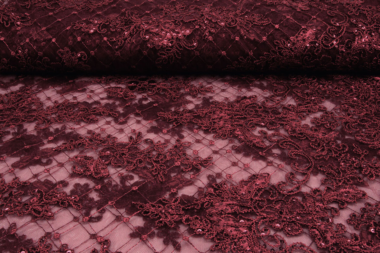 Mesh Embroidered  Sequins Quenya Wine Red